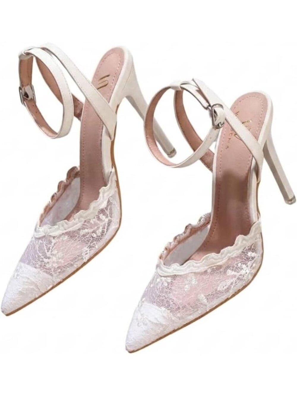 Women's White Lace High Heels Pointed Closed Toe Stilettos Pumps Ankle Strap